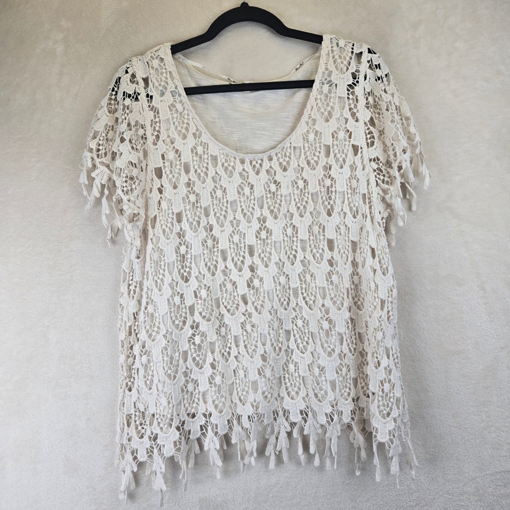 Miss Me Crochet Lace Overlay Tunic Top Ivory Short Sleeve‎ Boho Festival Large